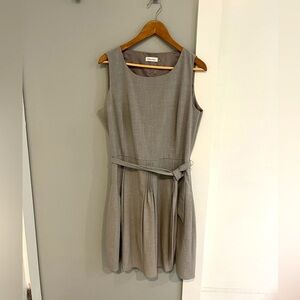 Calvin Klein Grey Sleeveless Belted Dress with Pleats - Size 14